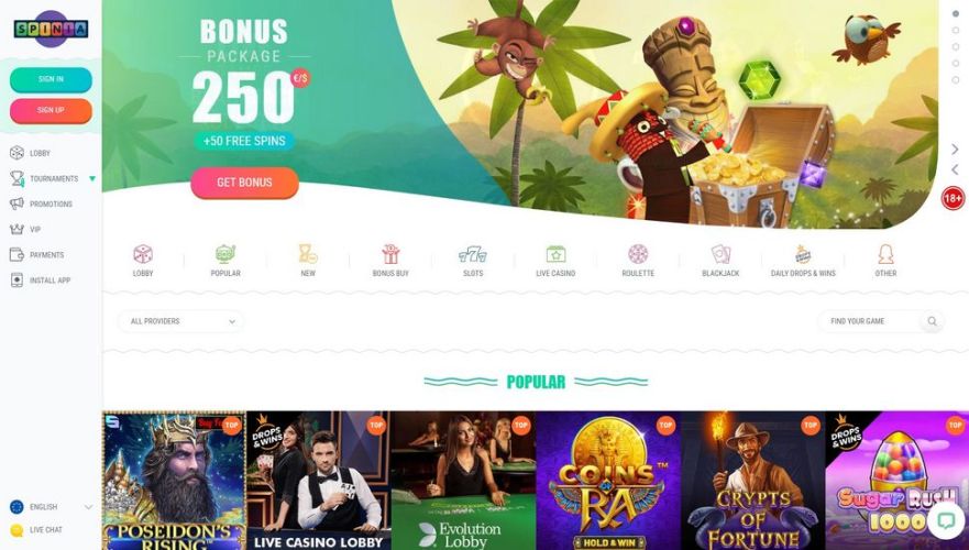 Spinia casino main page
