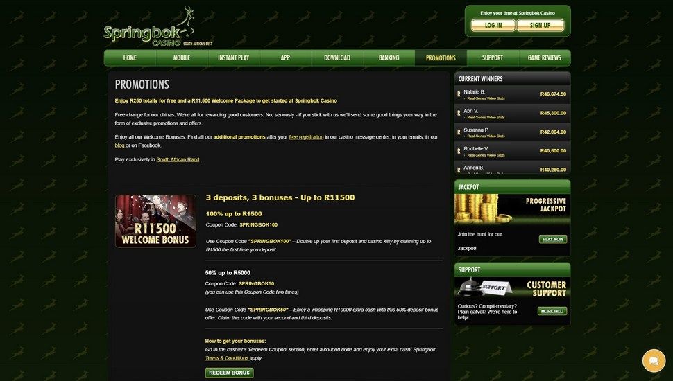 Springbok casino bonus page