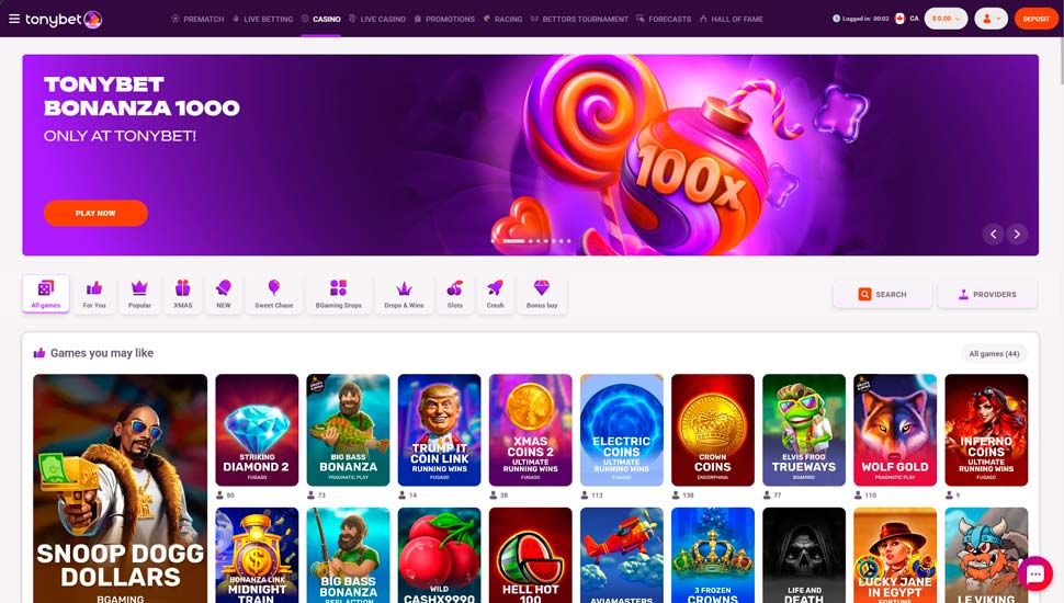 Tonybet casino main page