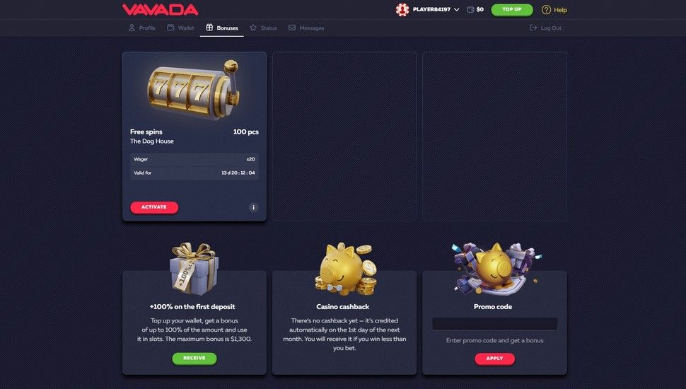 Vavada casino bonus page