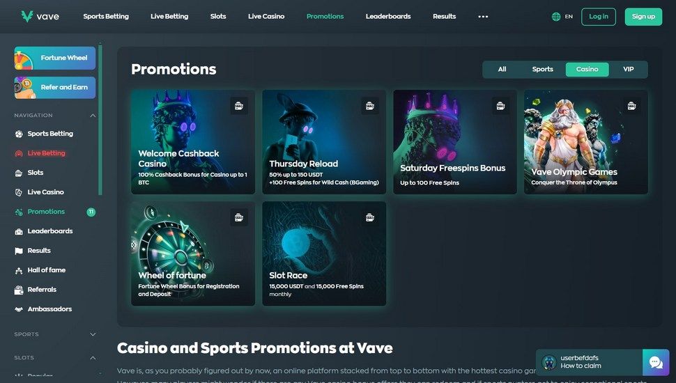 Vave casino bonus page