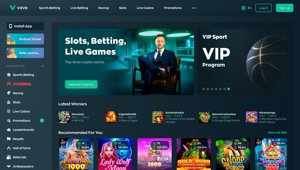 Vave casino main page