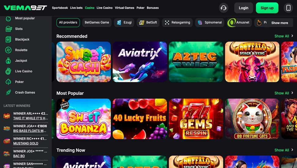 Vemabet casino main page