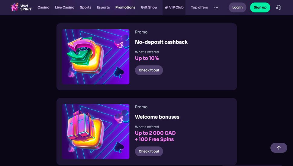 Winspirit casino bonus page