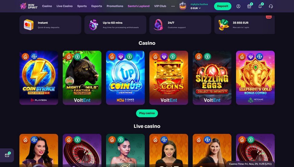 Winspirit casino main page