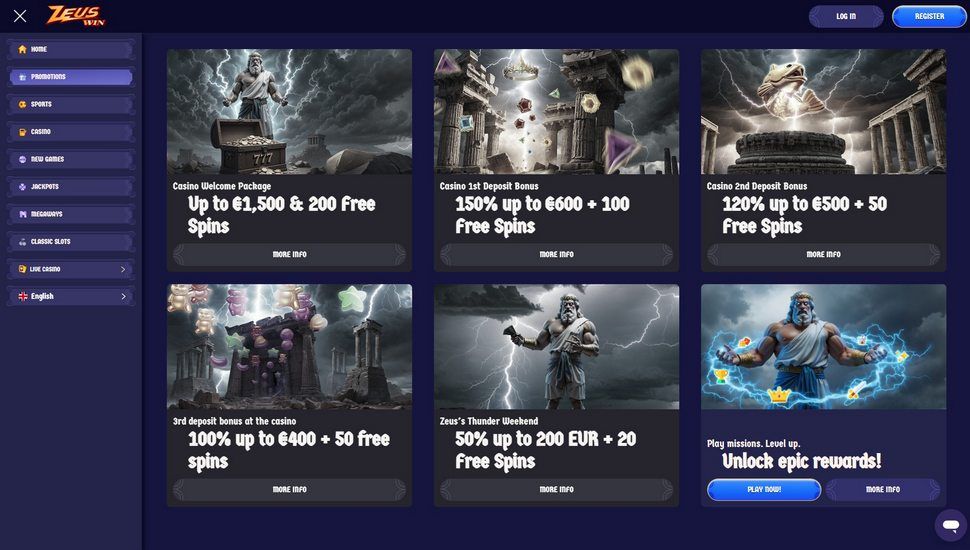 ZeusWin casino bonus page