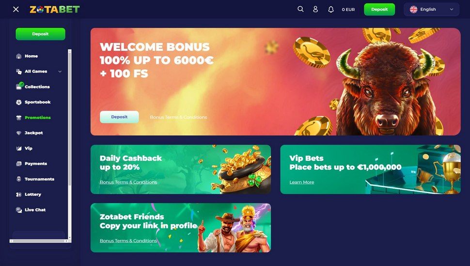 Zotabet casino bonus page