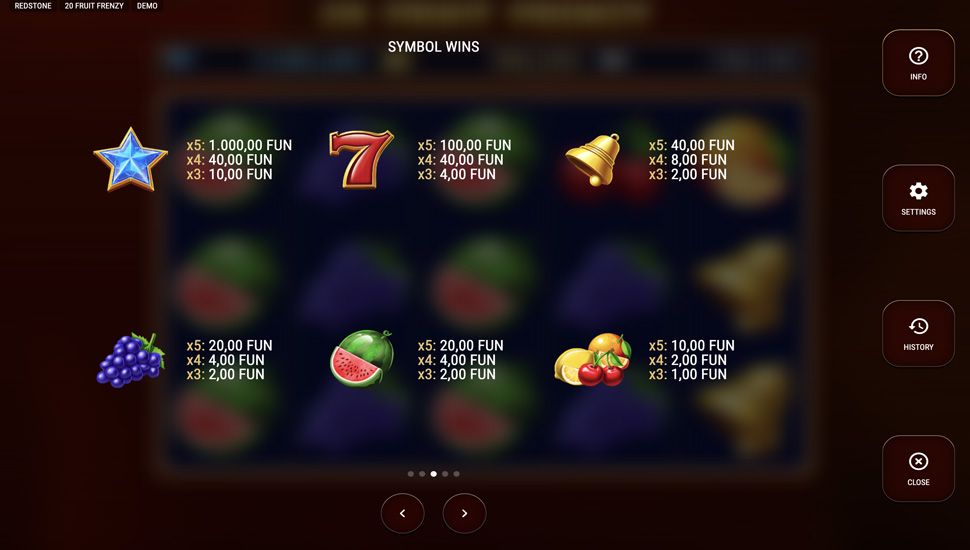 20 Fruit Frenzy slot paytable