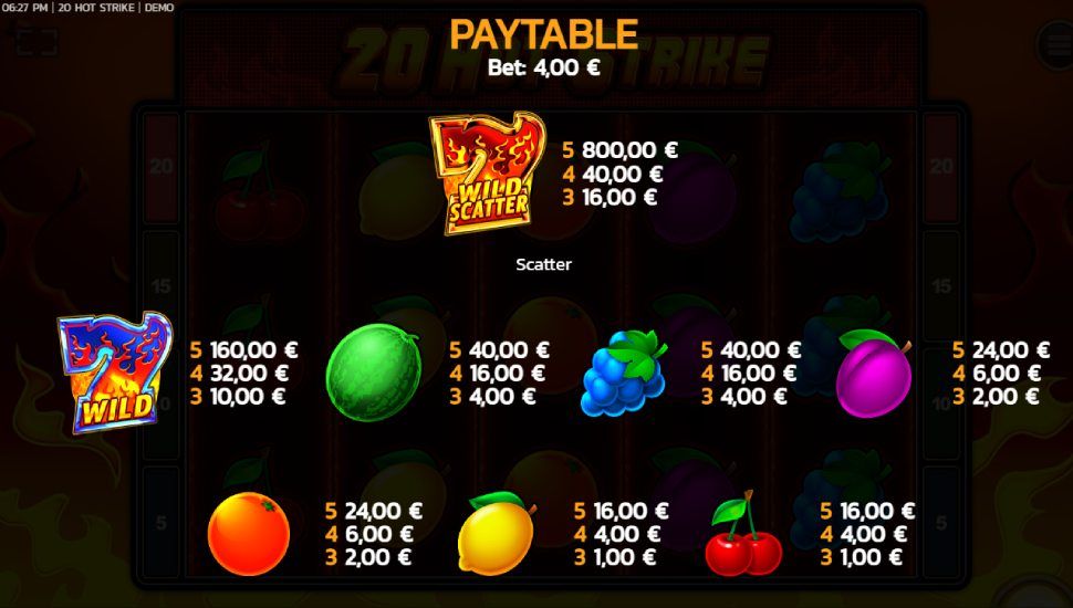 20 Hot Strike slot - payouts
