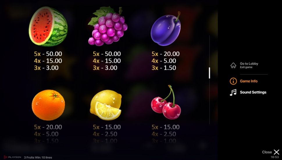 3 Fruits Win: 10 Lines slot Paytable