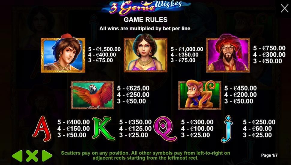 3 Genie Wishes Slot - Paytable