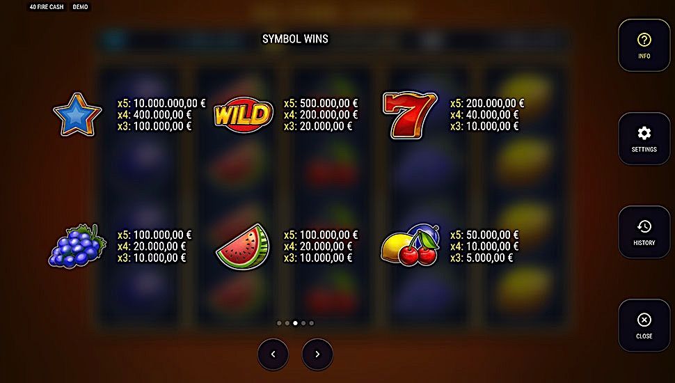 40 Fire Cash slot paytable