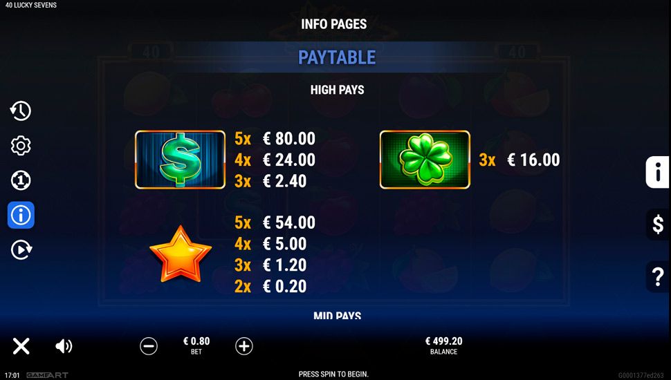 40 Lucky Sevens slot paytable