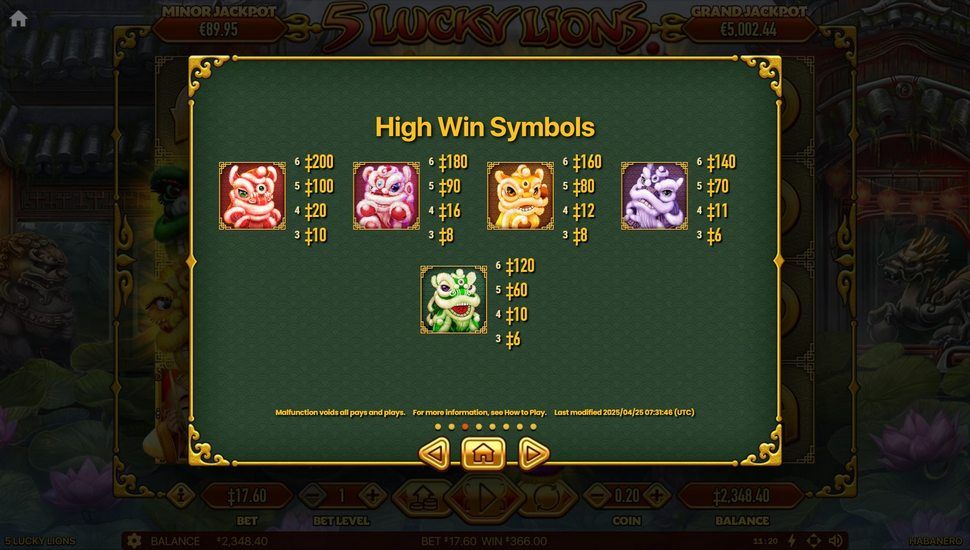 5 Lucky Lions slot paytable