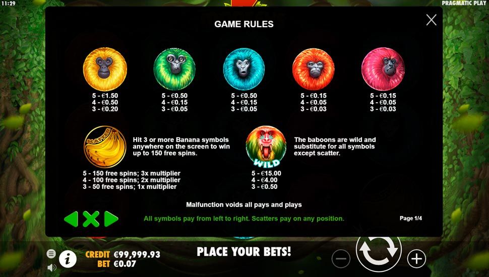 7 monkeys slot paytable