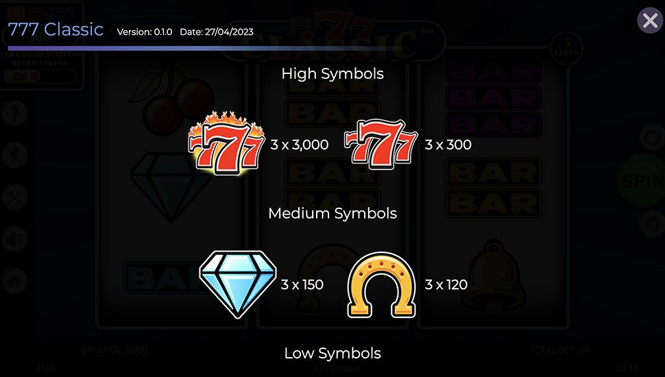 777 Classic slot paytable
