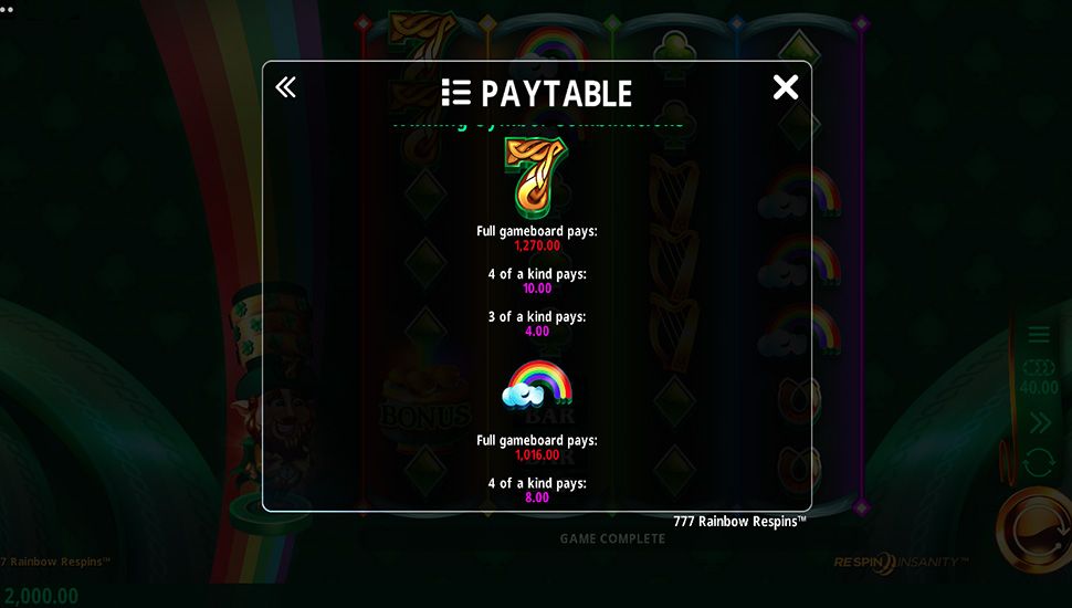 777 Rainbow Respins slot paytable