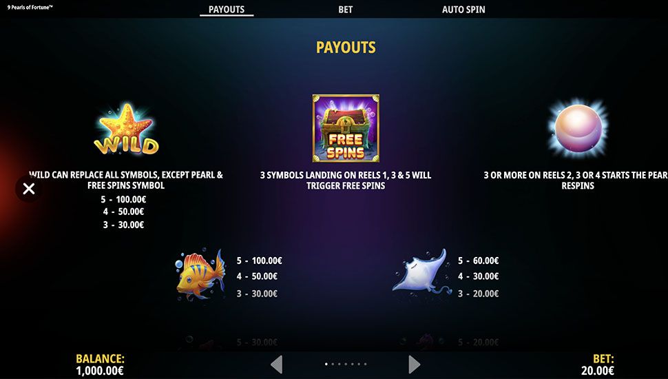 9 Pearls of Fortune slot paytable