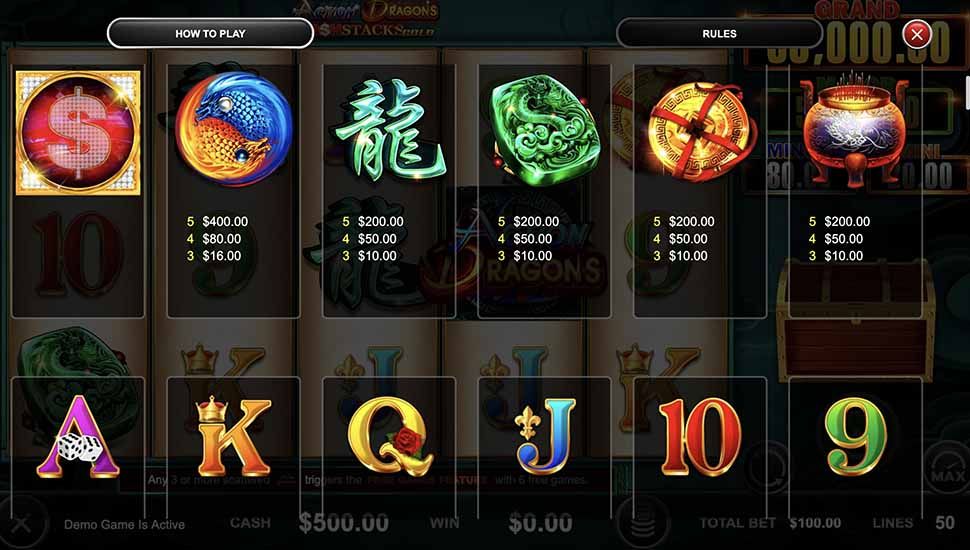 Action Dragons CashStacks Gold slot paytable