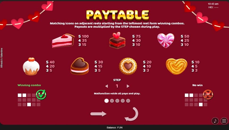 Alfredo's valentine slot paytable