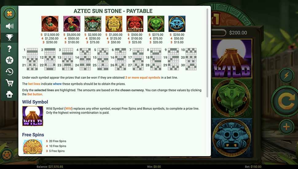 Aztec Sun Stone slot paytable