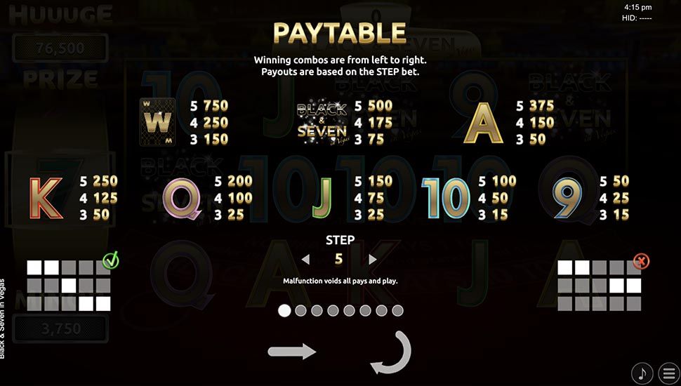 Black and Seven in Vegas slot paytable