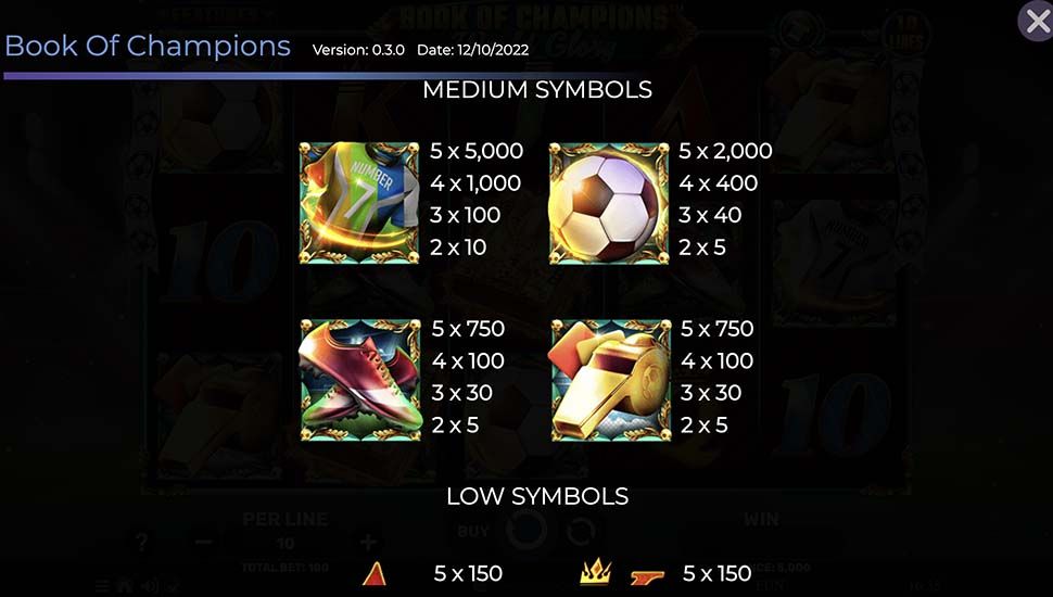 Book of Champions World Glory slot paytable