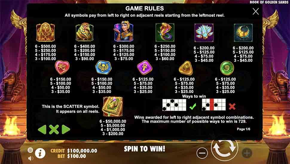 Book of Golden Sands slot paytable