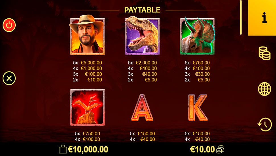 Book of Jurassic slot paytable