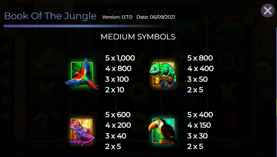 Book of the jungle slot paytable