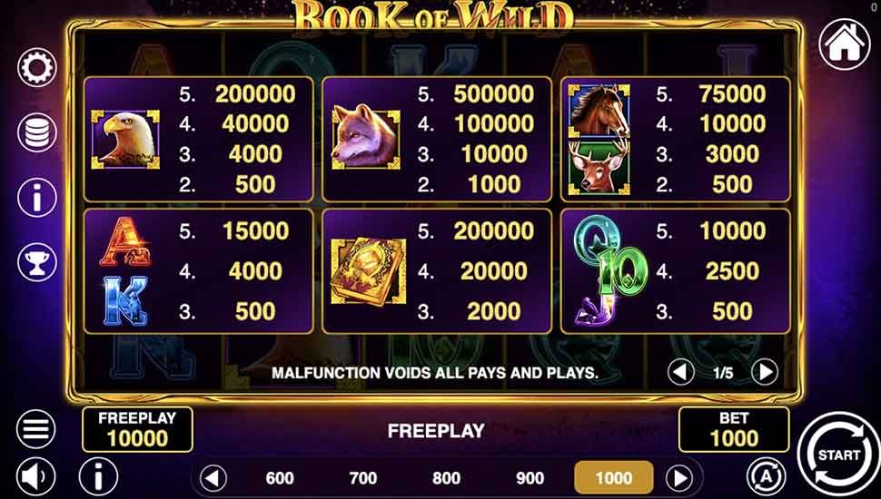Book of Wild slot paytable