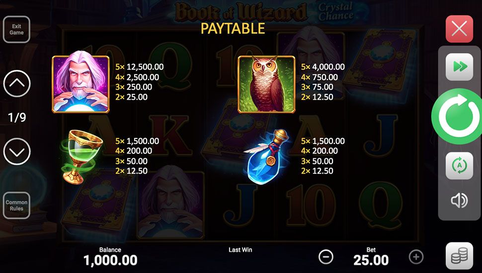 Book of Wizard Crystal Chance slot paytable