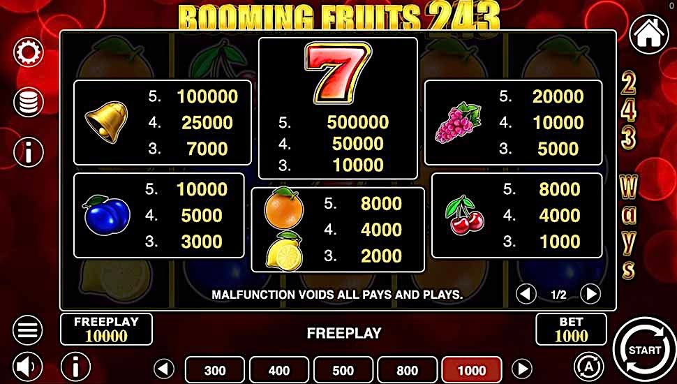 Booming Fruits 243 slot paytable