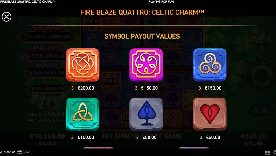 Celtic Charm Fire Blaze Quattro slot paytable