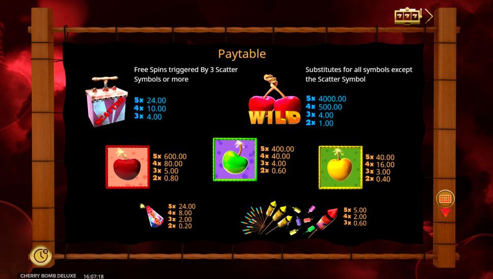 Cherry bomb deluxe slot paytable
