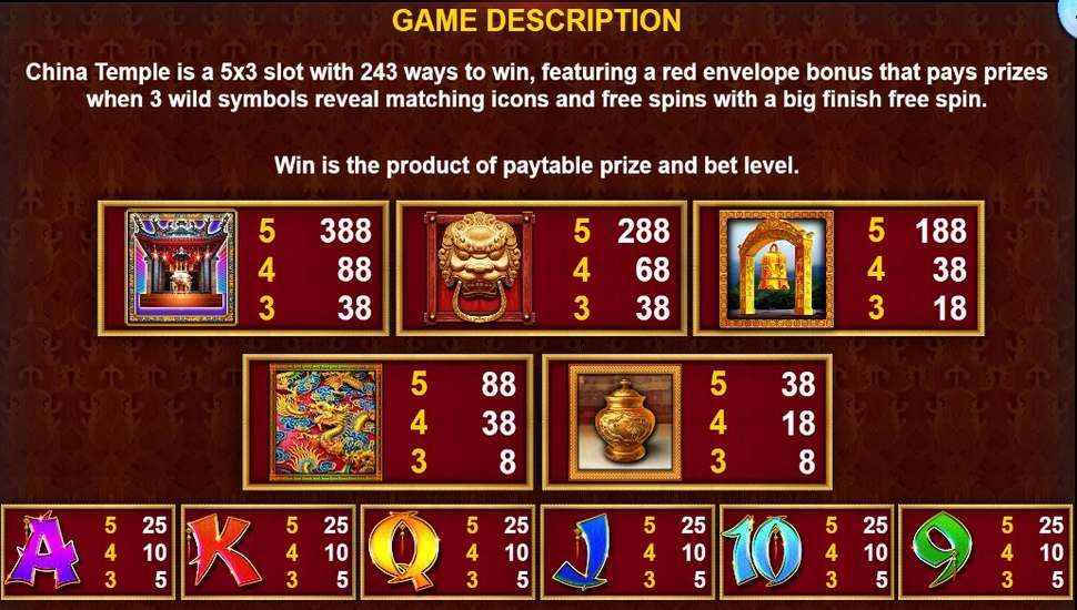 China Temple Slot - Paytable