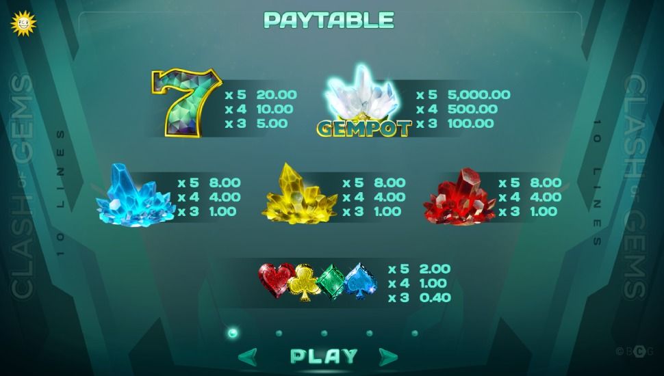 Clash of Gems Slot - Paytable