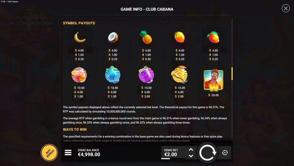 Club Cabana slot paytable
