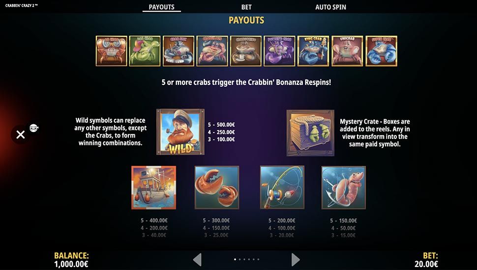 Crabbin Crazy 2 slot paytable