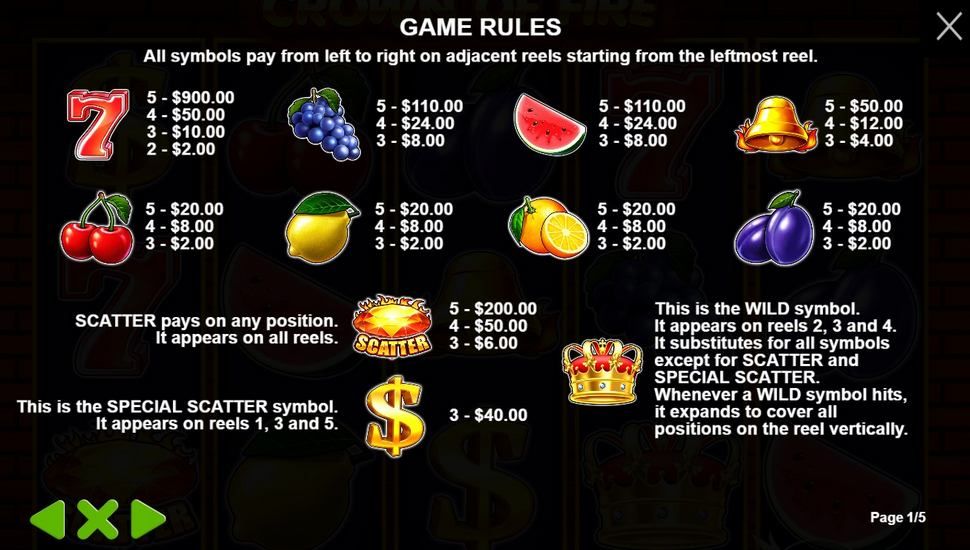 Crown of Fire Slot - Paytable