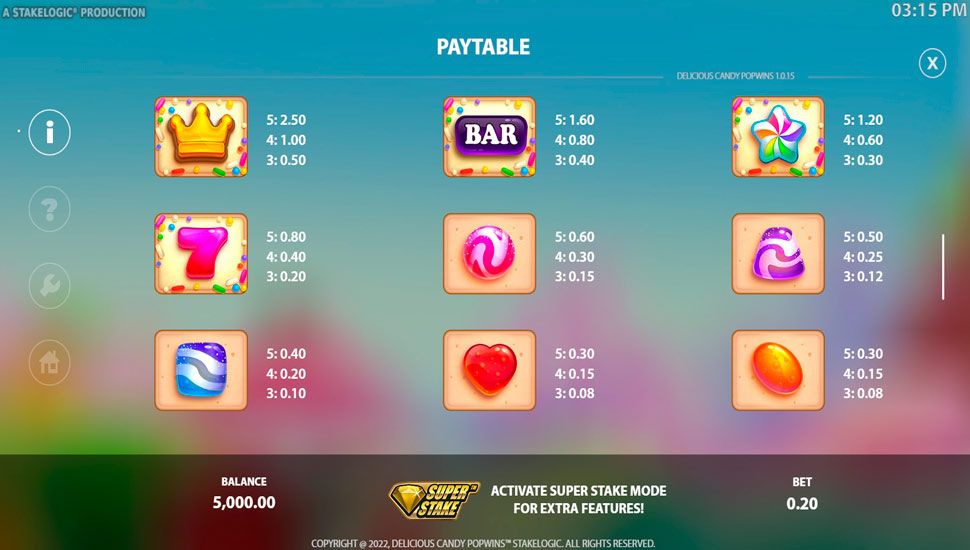 Delicious candy popwins slot paytable