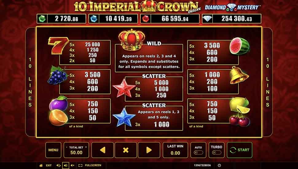 Diamond Mystery 10 Imperial Crown Deluxe slot paytable
