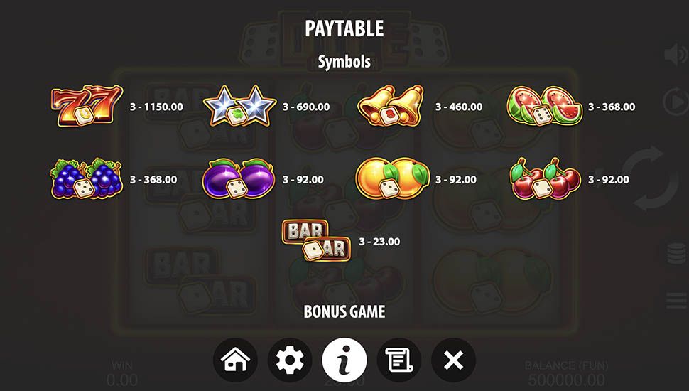 Dice Hold the Spin slot paytable