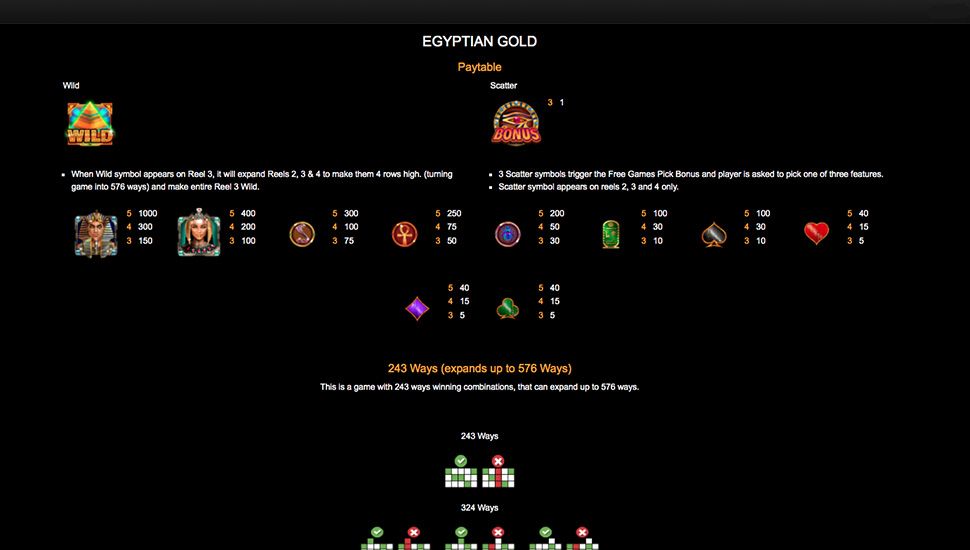 Egyptian Gold slot paytable