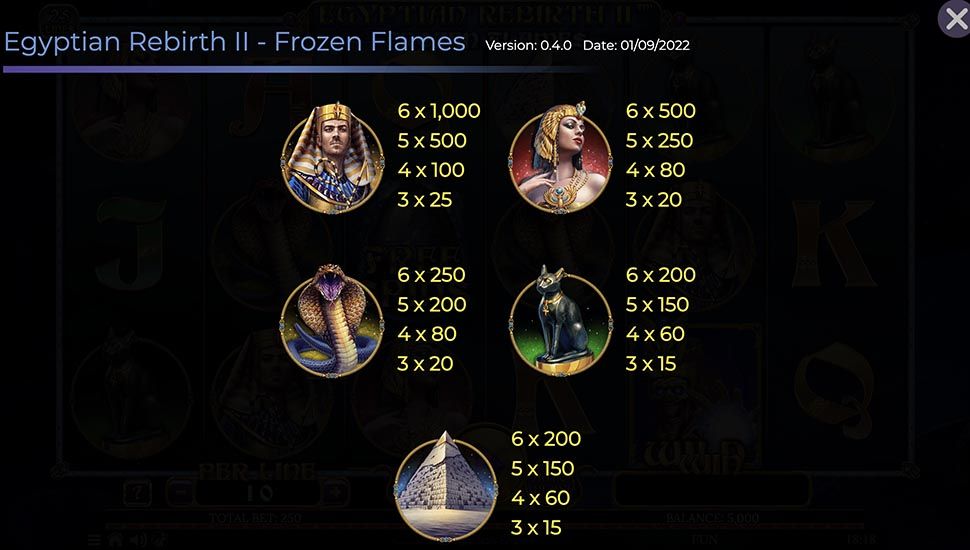 Egyptian Rebirth II Frozen Flames slot paytable