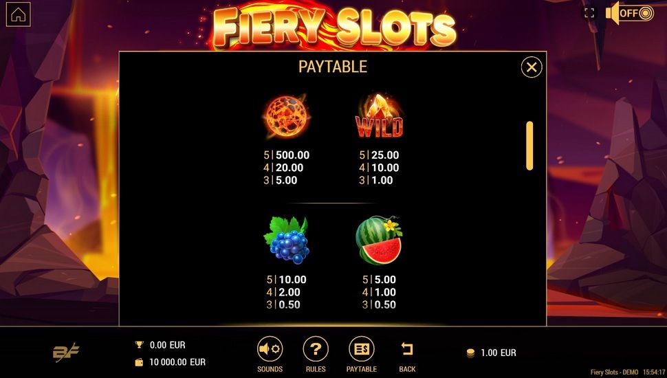 Fiery Slots slot Paytable