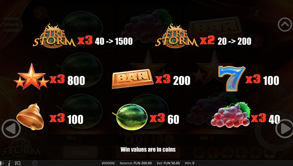 Fire Storm slot paytable