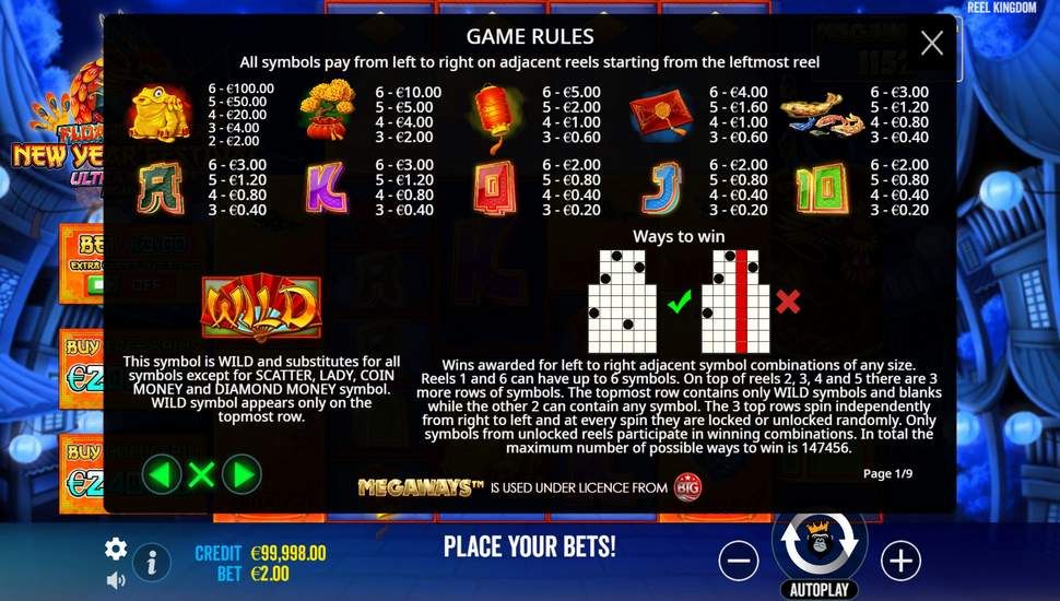 Floating Dragon New Year Festival slot paytable