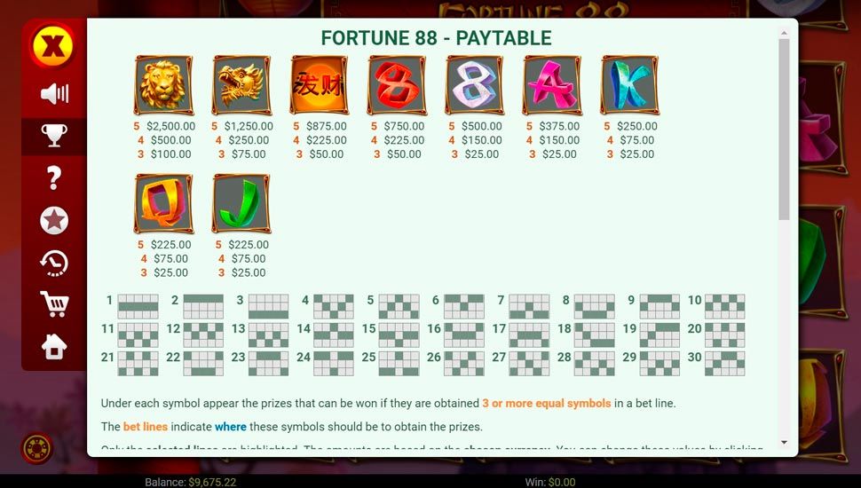 Fortune 88 slot paytable