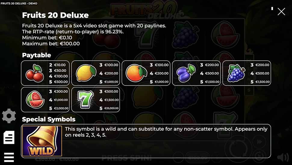 Fruits 20 Deluxe slot paytable